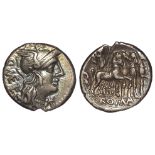 Roman Republican silver denarius, struck 130 B.C., of Q. Caecilius Metellus, obverse:- Helmeted head