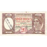 Tahiti 20 Francs issued 1928 serial Q.25 671, overprinted 'Banque de l'Indochina/Succursale de