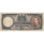 Fiji 5 Shillings dated 1st March 1938, rarer early date, portrait King George VI at right, serial