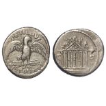 Roman Republican silver denarius, struck 43 B.C., of Petillius Capitolinus, obverse:- Eagle standing