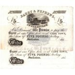 South Africa 5 Pounds (2), Barry & Nephews, Swellendam unissued remainder dated 185x, vignette of