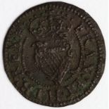 Charles I, ''Maltravers'' copper farthing Type 3, different mm. each side, Woolpack/Portcullis, with