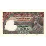 India 5 Rupees issued 1928 - 1935, signed J.W. Kelly, serial T/5 802822, portrait King George V at