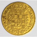 Brazil gold 4000 Reis 1721R, KM# 102, GF, scuffed (0.3169 troy oz AGW)