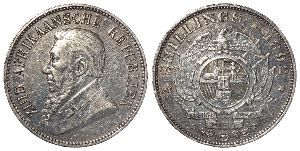 South Africa ZAR 5 Shillings 1892, single wagon shaft, VF, slightly cleaned.