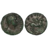 Hadrian copper as, Rome Mint 129 A.D., reverse legend:- COS III P P, Hadrian on horseback, galloping