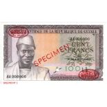 Guinea 100 Francs dated 1st March 1960, SPECIMEN note with Thomas de la Rue overprint ovals in 2
