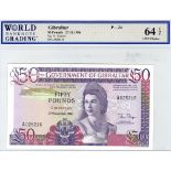 Gibraltar 50 Pounds dated 27th November 1986, serial A025216, (TBB B122a, Pick24) in WBG holder