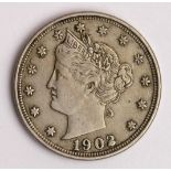 USA Liberty Head Nickel 1902 EF, a filled die anomaly on the 2.
