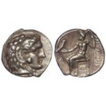 Alexander III silver tetradrachm, obverse:- Head of youthful Herakles right, clad in lion's skin,