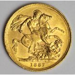 Sovereign 1887S, St. George, young head, Sydney Mint, Australia, S.3858E, GVF