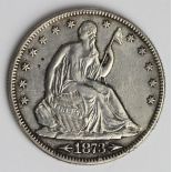 USA Half Dollar 1873 arrows at date, EF details but ex-mount repaired and with a few scratches.