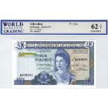 Gibraltar 10 Pounds dated 20th November 1975, serial A689161, (TBB B120a, Pick22a) in WBG holder