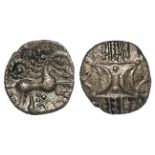 Ancient British, Cetic silver unit of the Iceni, Inscribed Series, Two opposed crescents / Horse