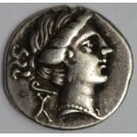 Ancient Greek silver drachm of Corinth, obverse:- Pegasos with pointed wing, flying left, koppa