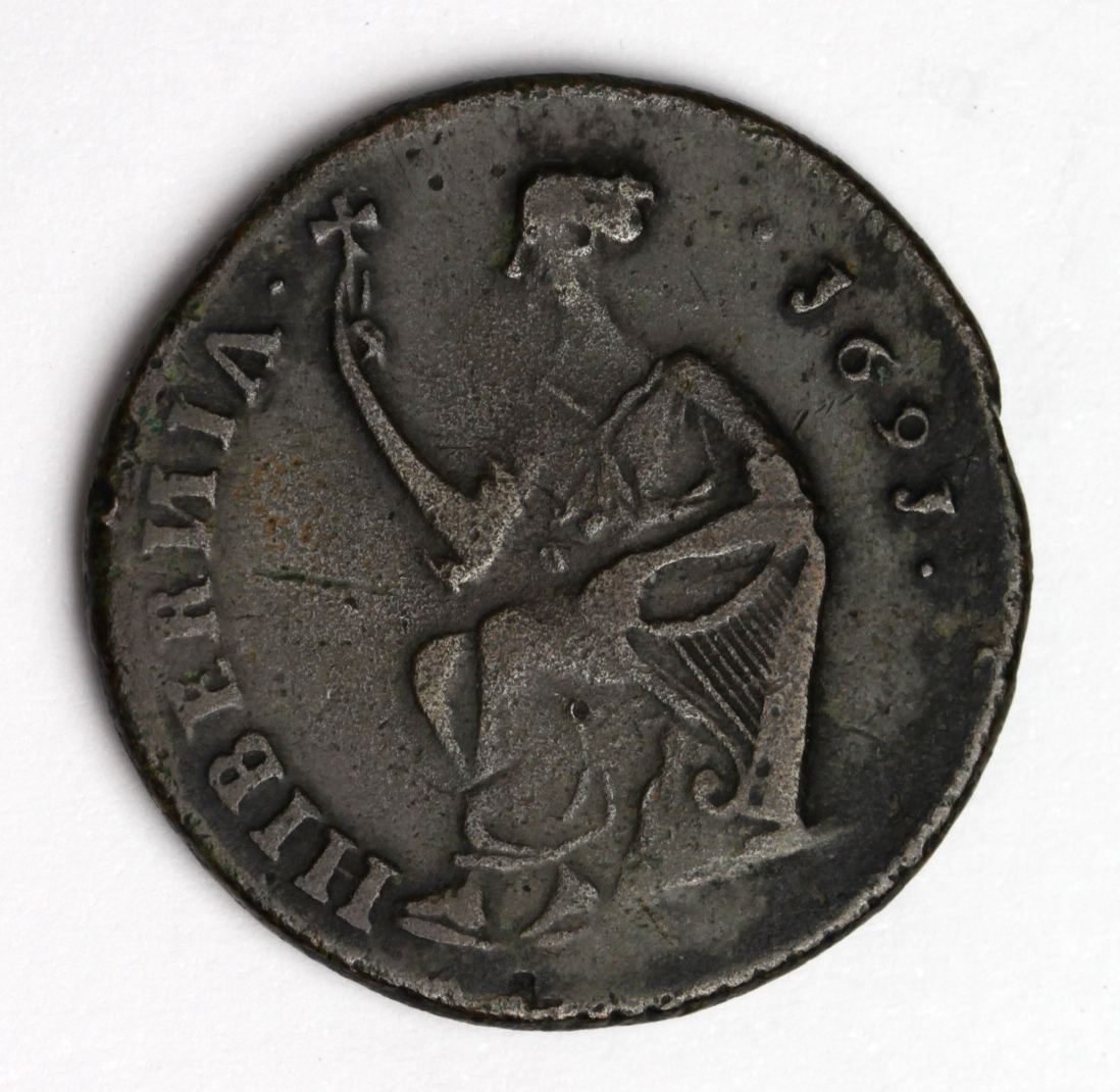 Ireland, James II, Limerick besieged 1691 halfpenny, Spink 6594, with an old Seaby ticket '25/- - Image 2 of 2