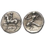Ancient Greek silver drachm of Tarentium, Taras, obverse:- Naked youth on prancing horse, left,