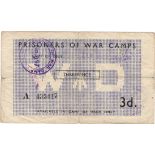 Prisoner of War camps note issued during WW2 for 3 Pence, Camp No. 297 with WD (War Department) in