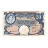 East African Currency Board 20 Shillings issued 1958 - 1960, portrait Queen Elizabeth II top left,