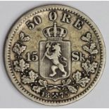 Norway silver 50 Ore 1875 nVF, scratch rev.