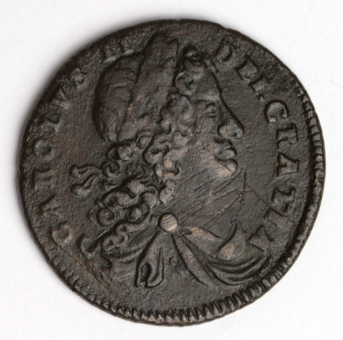 Ireland halfpenny 1683, Spink 6575, an above average specimen, light scuffs below chin, NVF/VF