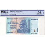 Zimbabwe 100 Trillion Dollars dated 2008, the highest denomination issued, serial AA3037688, (TBB