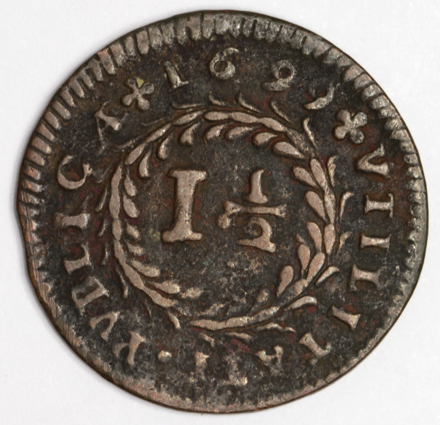 Portugal copper 1&1/2 Real 1699 GF, scarce. - Image 2 of 2