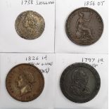 GB Coins (4): Pennies: 1797 10 leaves VF, 1826 thin line on saltire lightly cleaned GVF, 1856 OT (