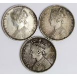 India (3) Silver Rupees: 1862 GF, 1884 VF, and 1901 VF