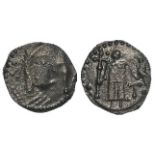 Anglo-Saxon sceat, Secondary Series, Type 18, Diademed and draped bust, right, long cross in field