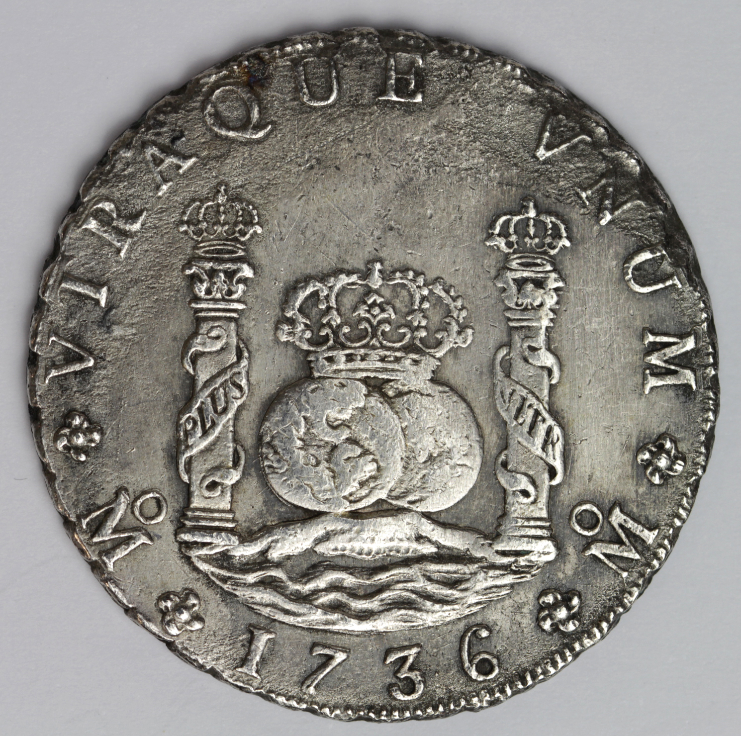 Spanish Mexico silver 8 Reales 1736 Mo MF, KM# 103, VF with heavy water damage on reverse (shipwreck