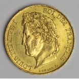 France gold 20 Francs 1833B, KM# 750.2, VF, a metal flaw flaking away from the edge. (0.1867 troy oz