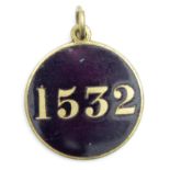 Suffragette related (possibly) purple & enamel & brass medal. Has "1532" on the front. Reads Croydon