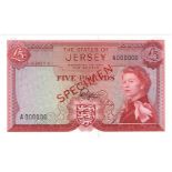 Jersey 5 Pounds SPECIMEN note, issued 1963 signed Padgham, Queen Elizabeth II portrait, serial