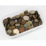 India, small plastic tub full of mixed coins, mostly British, silver noted.