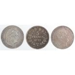 France (3) silver 5 Francs 1834K nVF, 1839A F, and 1843BB GF