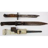Bayonets 1) German 3rd Reich 1884/98 knife bayonet in steel scabbard. Blued overall with surface