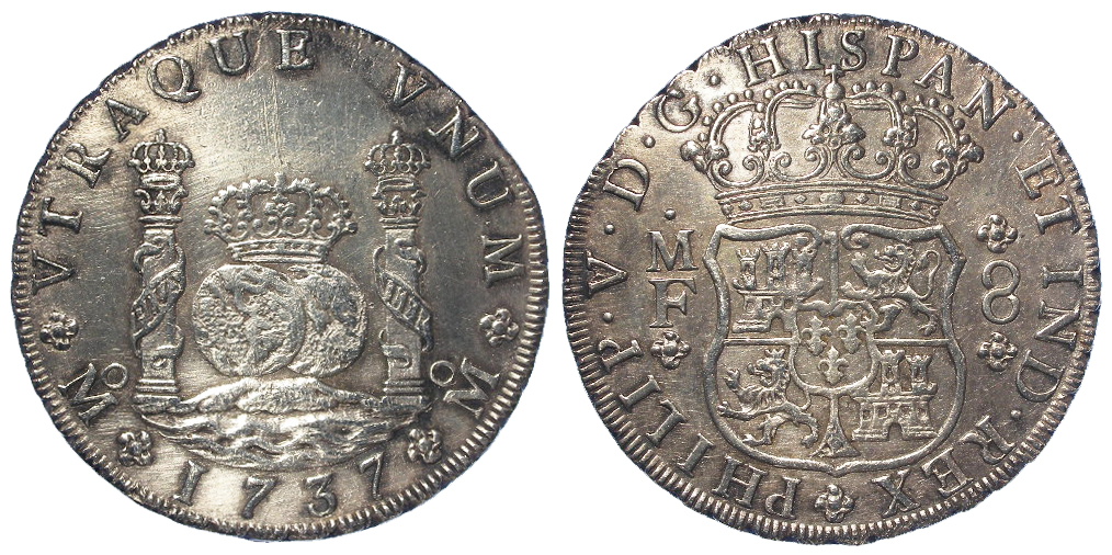 Spanish Mexico silver 8 Reales 1737 Mo MF, KM# 103, cleaned nEF, scratches, small planchet? (