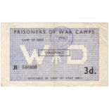 Prisoner of War camps note issued during WW2 for 3 Pence, Camp No. 1007 with WD (War Department)