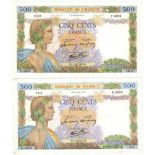 France (2) 500 Francs dated 1942, Pax with wreath at left, serial F.6947 969 and G.5223 193, (