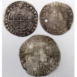 Elizabeth I silver sixpence, date gone but mm. Eglantine?, F with a silver shilling of James I,