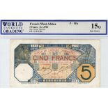 French West Africa 5 Francs dated 13th January 1928, serial W 4079 584, (TBB B101Dh2, Pick5Be) a few