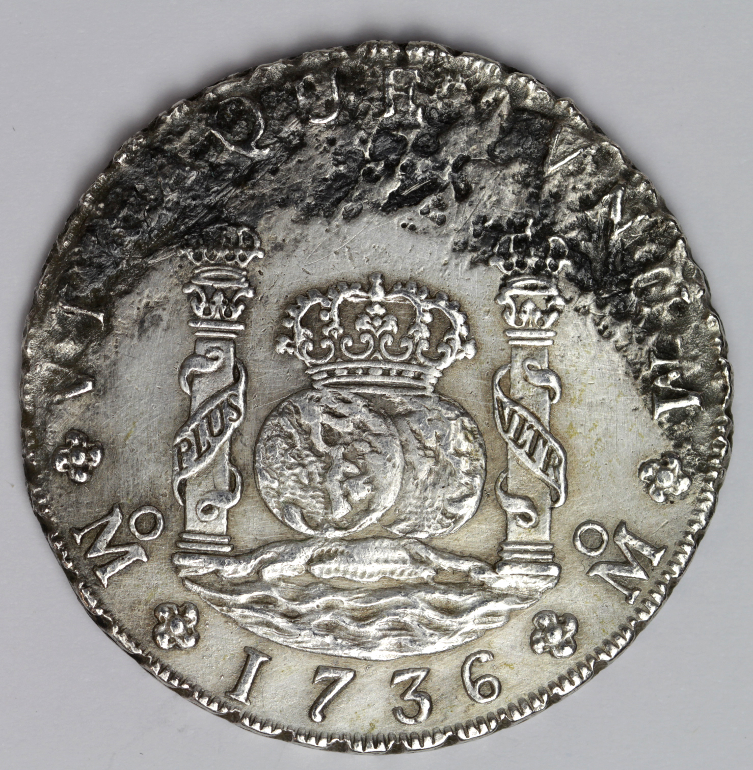 Spanish Mexico silver 8 Reales 1736 Mo MF, KM# 103, VF/GVF with some heavy water damage on top - Image 2 of 2