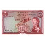 Jersey 5 Pounds SPECIMEN note, issued 1963 signed Clennett, Queen Elizabeth II portrait, serial