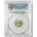 Australia Threepence 1934 proof, slabbed PCGS PR Genuine, Corrosion Removed. Sold as seen.