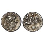 Roman Republican silver denarius, struck 126 B.C., of T.Quinctis Flamininus, obverse:- Helmeted head