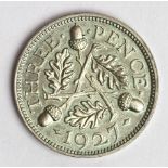 Threepence 1927 Proof, nFDC, a touch of oily residue.