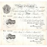 Peppiatt 5 Pounds (2) dated 8th March 1945, a consecutively numbered pair printed on thick paper,