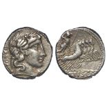 Roman Republican silver denarius, struck 90 B.C., of C.Vibius C.f.Pansa, obverse:- Laureate head