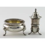 Victorian silver open salt, hallmarked London, 1883, and a silver pepper, hallmarked Birmingham,